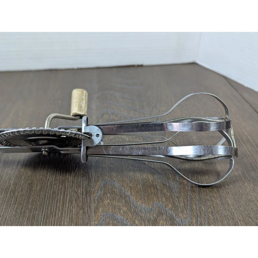 VTG A&J EKCO Hand Mixer Egg Beater Made in USA Wood Handle 12in Stainless Steel
